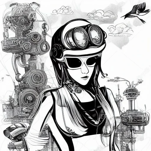 great illustrator, spanish, pencil sketch of a cute girl, beautiful, steampunk syle, black and white. Helmet with tubes. glasses. Machinery in the background. robotic bird flying. High details.