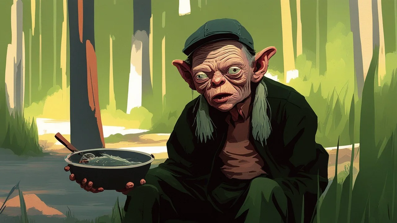 Gollum catching a fish and eats it raw, cartoon style Simon Stålenhag