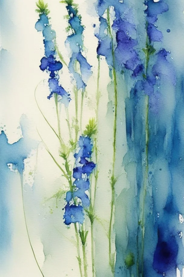 Abstract wet watercolour, blue green stalks delphiniums, not cropped