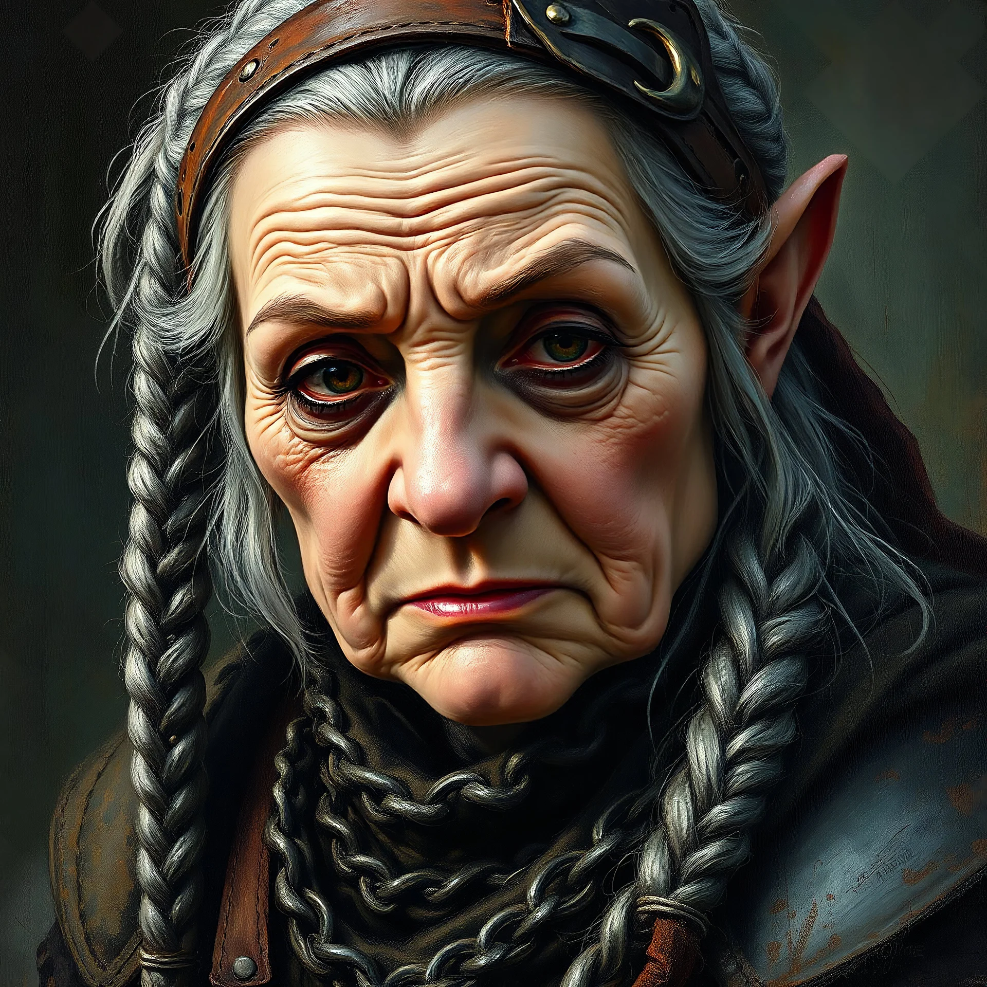 oil painting, heavy brushstrokes, paint drips, a breathtaking portrait of an old dwarf warrior, female, resembles a chubby Bette Davis, resembles chubby Estelle Getty, shoulder length braided gray hair, clad in worn chain mail armor, wearing a leather head band, wearing an eye patch, dungeons and dragons art style, realistic faces, dark fantasy, intricate details, hyper detailed, by Jean Baptiste Monge, Carne Griffiths, Michael Garmash, Seb Mckinnon, rich, deep colors, layered image shaded by ce