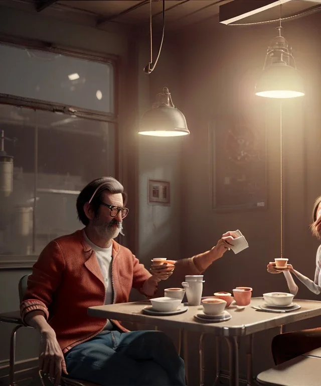 Realistic scene, American shot view, 0 gravity, levitating man and woman sitting in cafeteria and having breakfast, Wes Anderson, fly, floating, soft color, highly detailed, unreal engine 5, ray tracing, RTX, lumen lighting, ultra detail, volumetric lighting, 3d, finely drawn, high definition, high resolution.