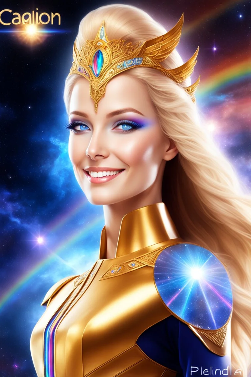 cosmic woman angels smile,admiral high ufo commander from the future, one fine whole face, crystalline skin, expressive blue eyes,rainbow, smiling lips, very nice smile, costume rainbow pleiadian, Beautiful tall woman pleiadian Galactic commander, ship, perfect datailed golden galactic suit, high rank, long blond hair, hand whit five perfect detailed finger, amazing big blue eyes, smilling mouth, high drfinition lips, cosmic happiness, bright colors rainbow, blue, pink, gold, jewels, realist,8k