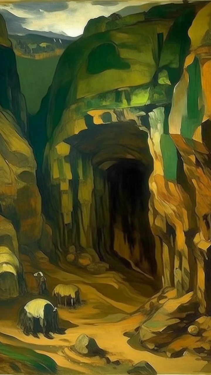A brown underground mine in a mountain painted by Paul Gauguin
