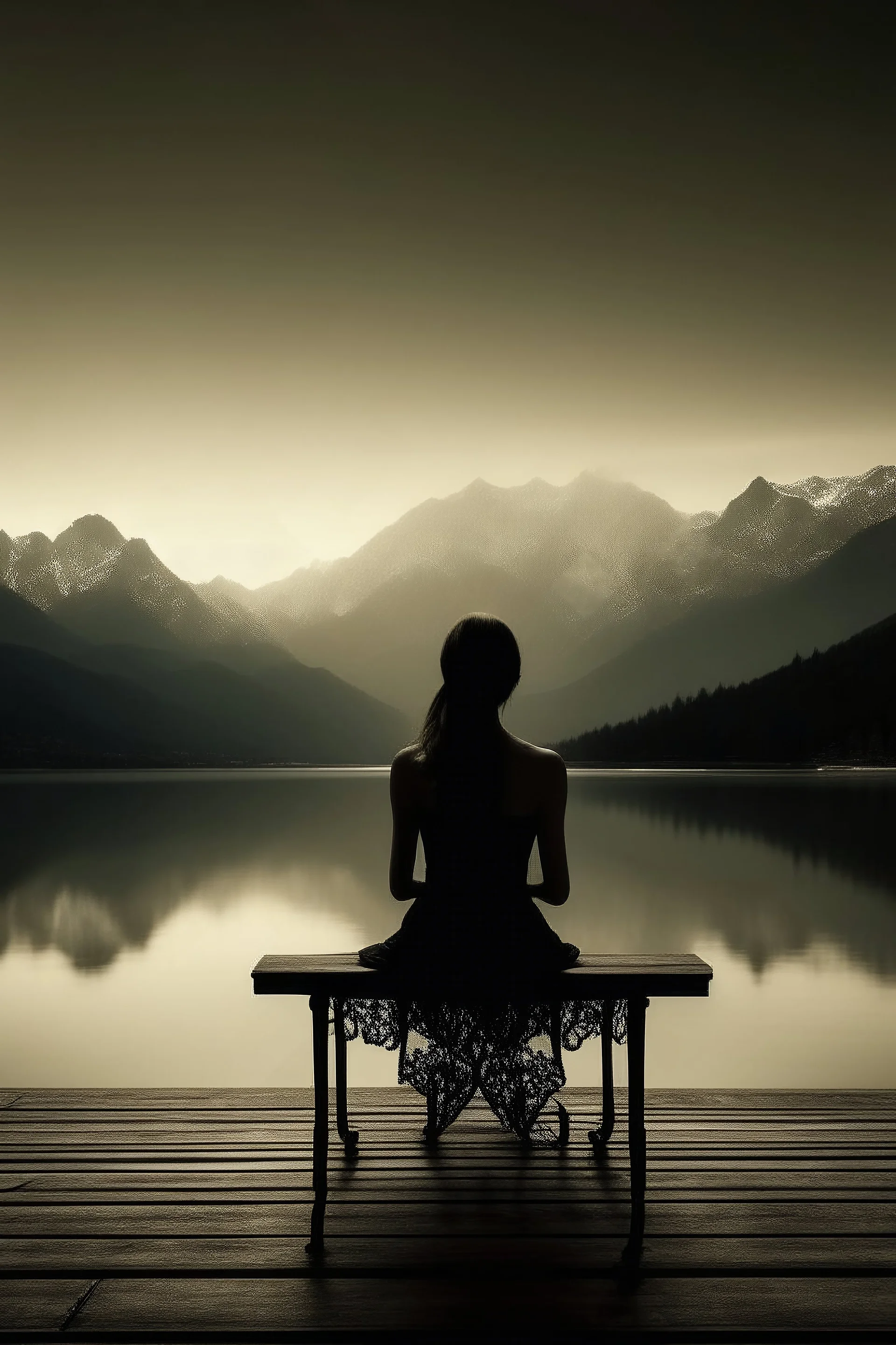 Manipulation A silhouette of a woman sitting on a wooden chair, with her back to the viewer. The shape of tranaparan a violin is artistically integrated into her torso. She holds a bow in each hand, while a stunning landscape of mountains and a lake is visible in the background through a wooden structure. The scene conveys a sense of harmony between music and nature.