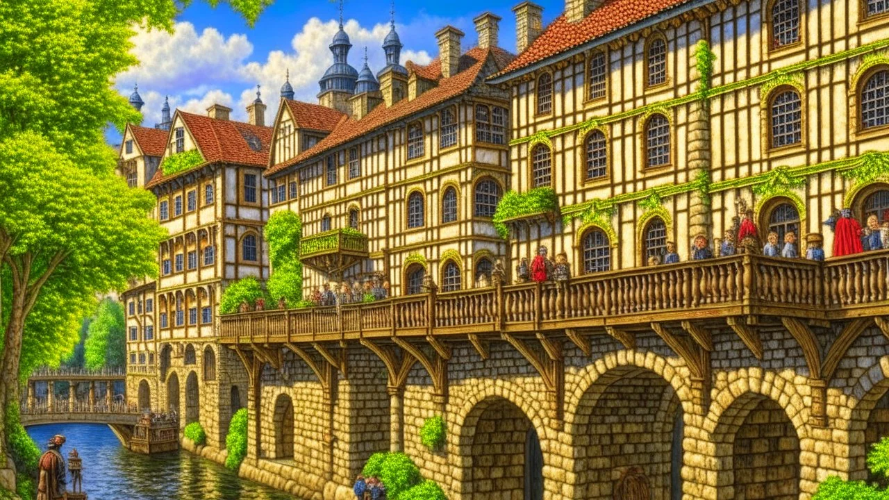 medieval buildings with balconies overhanging a river, blue sky and people, photorealism, trees, foliage, piers, intricate detail, ultra-sharp image, sharp focus