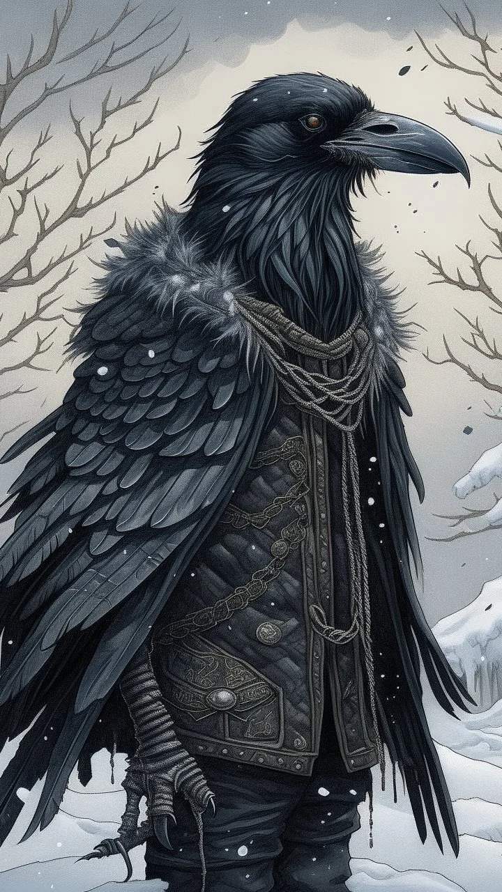 An illustration by Jakuchu and Monet of a human-like raven adorned in a punk leather jacket within a snowy atmosphere.