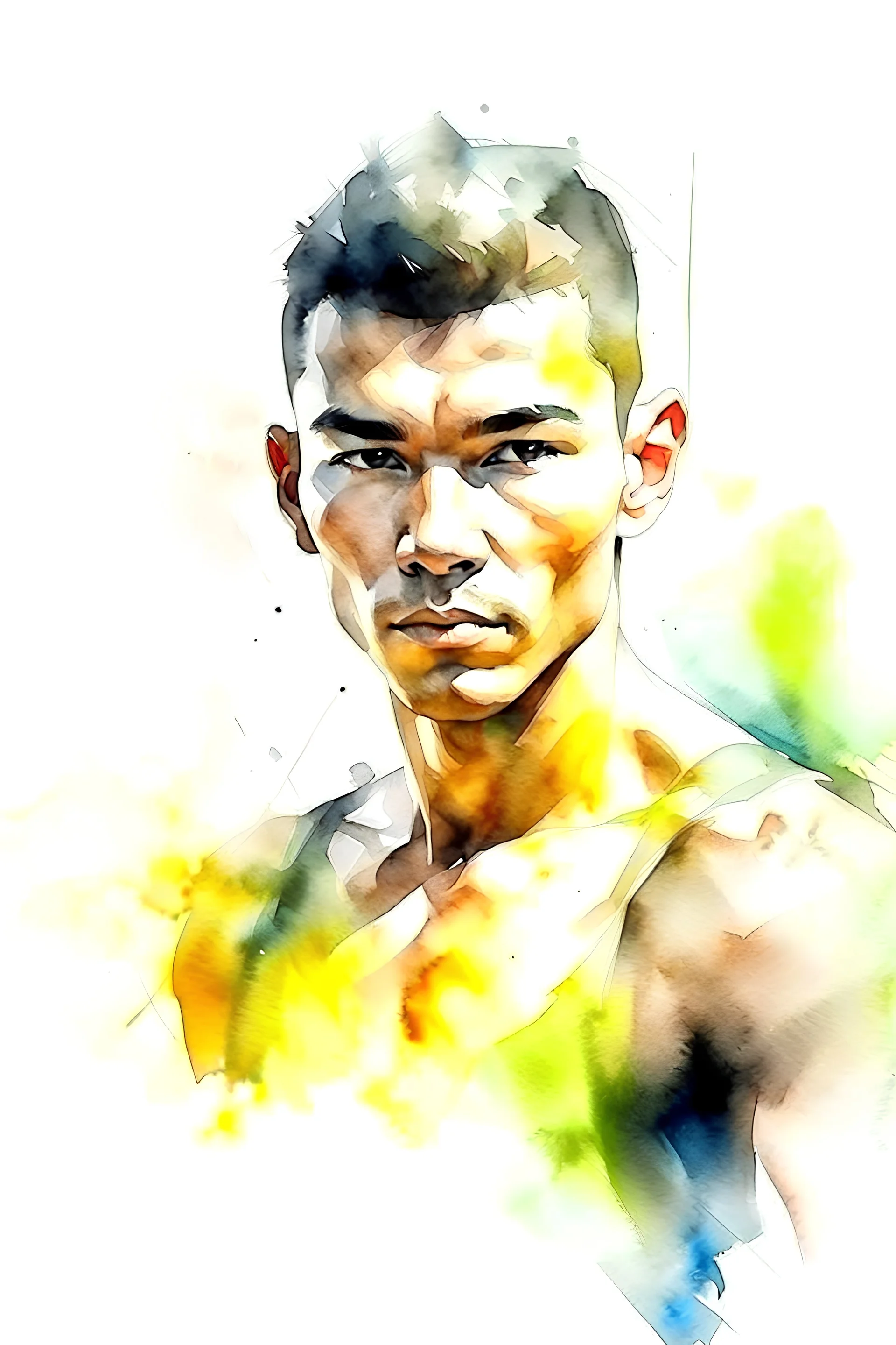 watercolor painting of a beautiful portrait of a 25 year old man muay thai boxing, realistic skin texture, looking into the camera, Anna Razumovskaya style, atmospheric light, realistic colors
