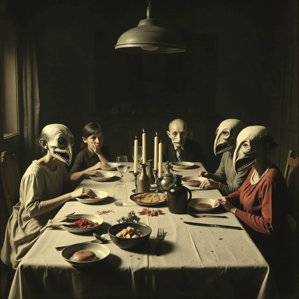 Photo of a family sitting at the dinner table. Hypermaximalist, grime, shadow, fog, unsettling, antique, old, liminal, odd, uncanny, transformational, interesting, rift, cryptic, low-fidelity, unreal, deserted, abstracted, twins, ambiguous, surreal, jaws, elongated, oblong, undulating, mouths, eyes, eerie, Max Ernst