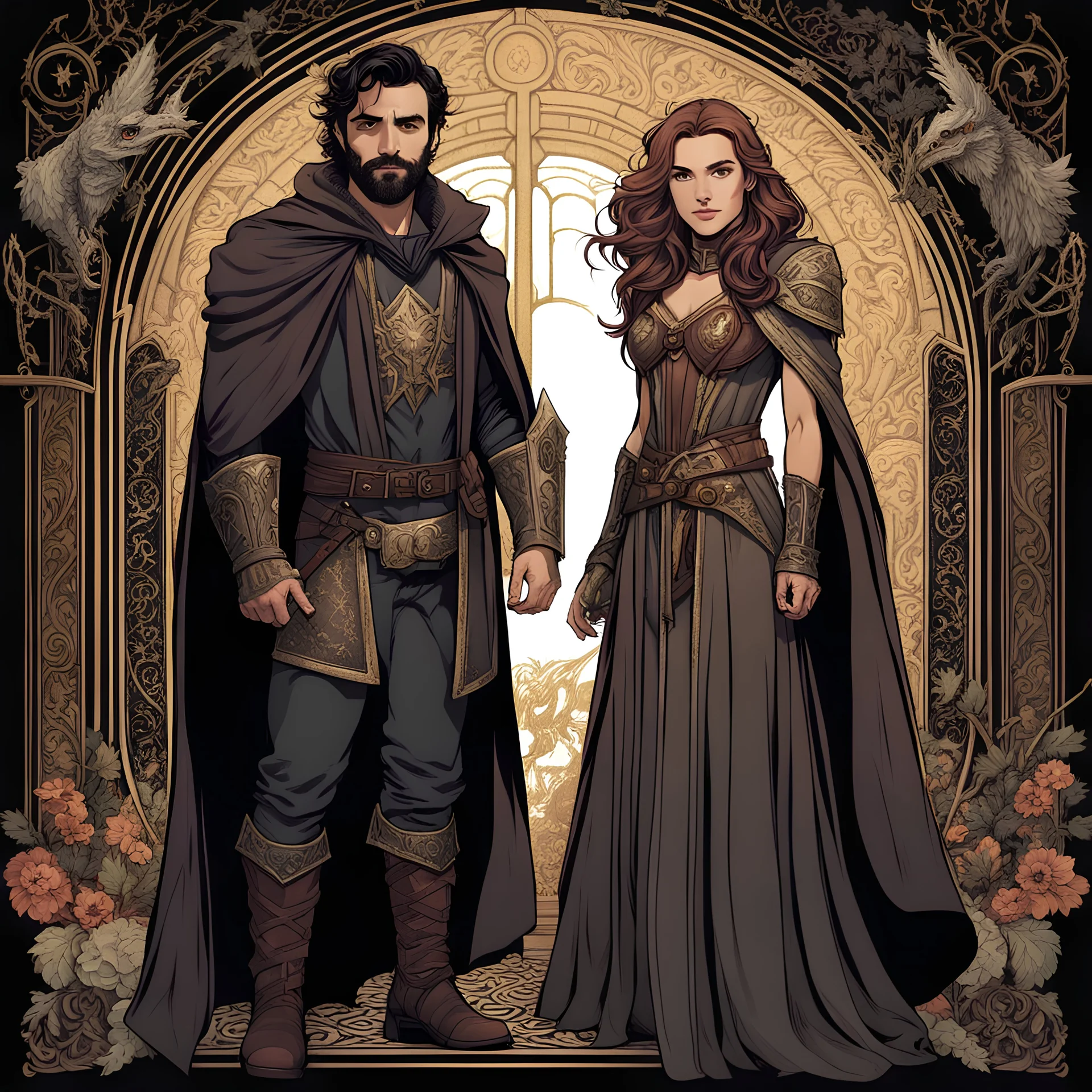 Romantic couple Oscar Isaac druid/warlock/necromancer and Paul Rudd rogue/paladin, Dungeon and Dragon style, fantasy, Modern comic style