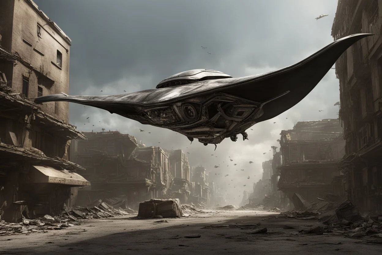 small, sleek, cargo spaceship, looking like a manta ray, landing on a destroyed alien street, photorealistic, highly detailed