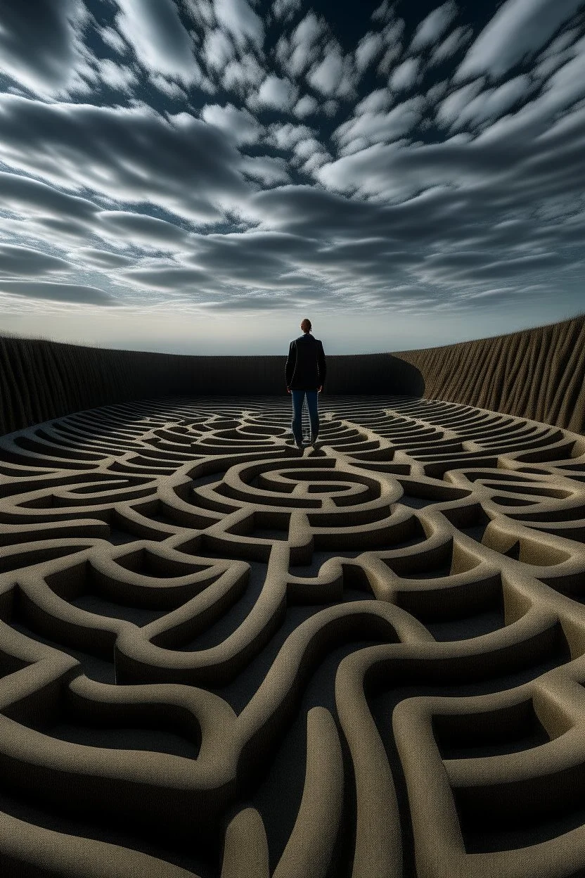 A man enters a labyrinth and in the background sky we can see the shape of a skull