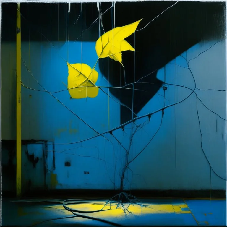 Minimal abstract oil painting of a large blue leaf plant in concrete warehouse brutalist architecture and hanging wires illuminated at night. With triadic yellow colours. In the style of Justin Mortimer and Phil Hale, Ashley Wood