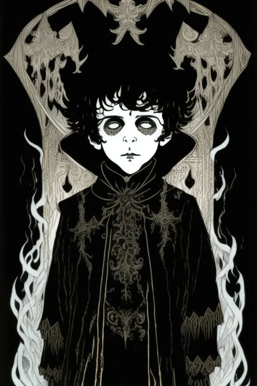 7 year old boy, necromancer, friendly, looks dead, surrounded by weird smoke with eyes, wearing black robes, in the style of Harry Clarke