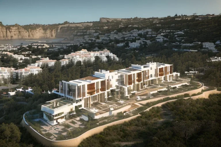 Day in algarve, aerial architectural view, modern luxury villas architecture building WITH STRAIGHT LINES AND CANNOPY in white render and wood stripe vertical elements with gold details, and a modern luxury hotel building with two floors and extending covered terraces cascading, Mediterranean mature garden, overlooking the golf course, green roofs and pools, sloped land with pinus pinea, hyper realistic 8k ultra render