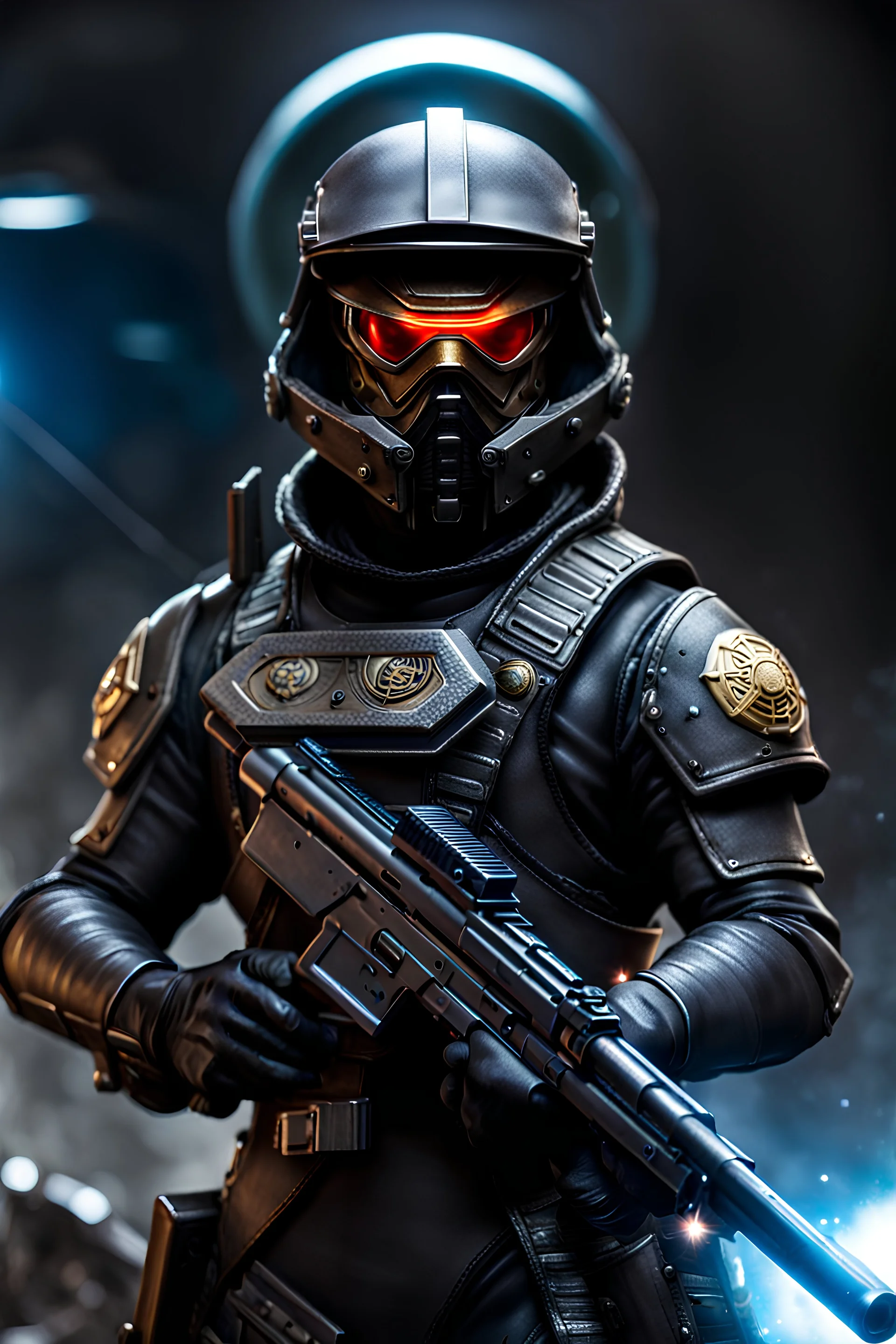 secret agent. sci-fi, all black, spelljammer, gun, dnd token, close up, military, helmet with visor, modified weaver gun stance, chest up, gun in image