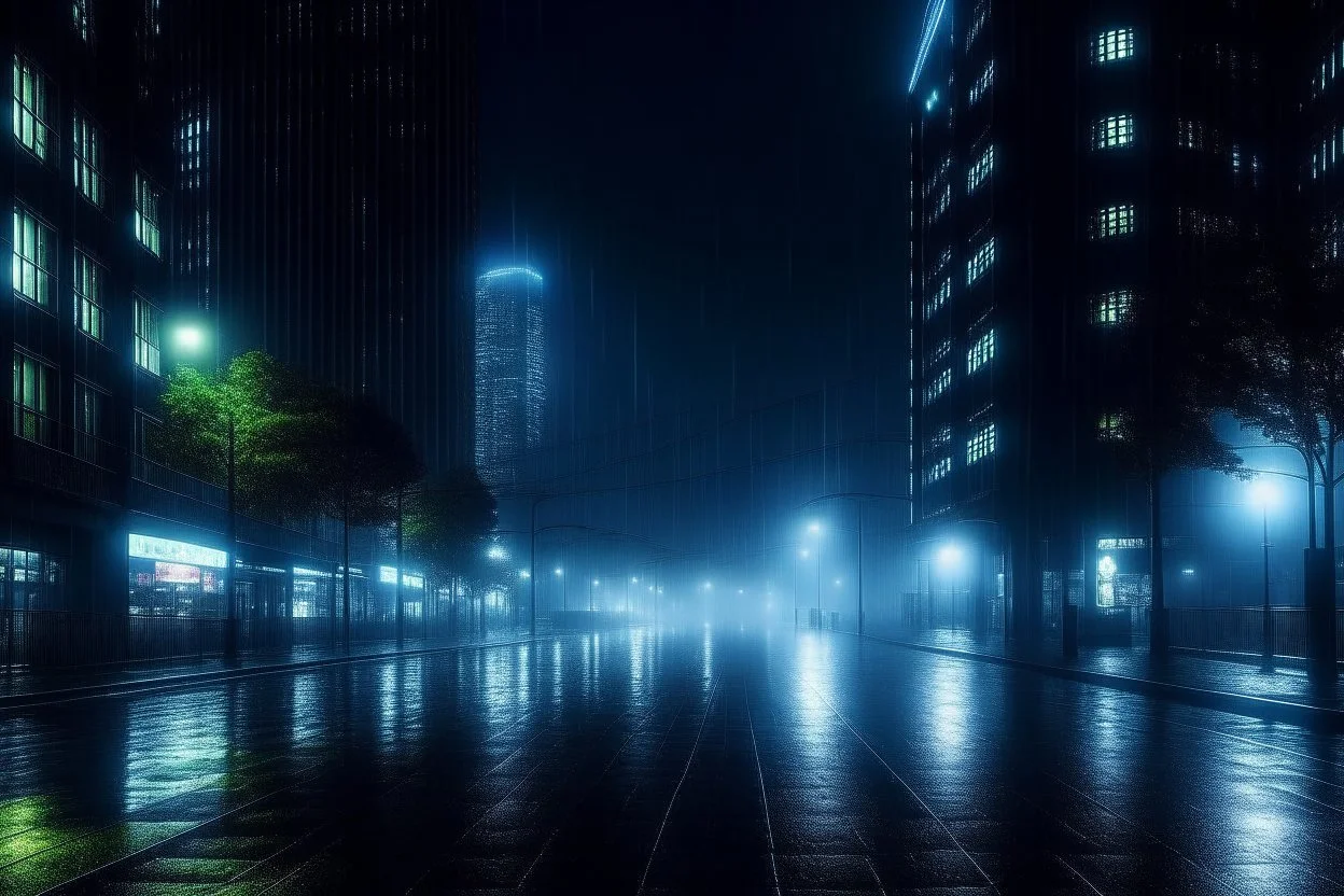 A city in the future is at night and it's raining and it's foggy.