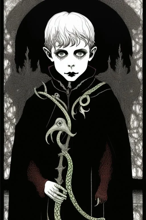 7 year old boy, necromancer, friendly, looks dead,with a lamprey serpent , wearing black robes, in the style of Harry Clarke