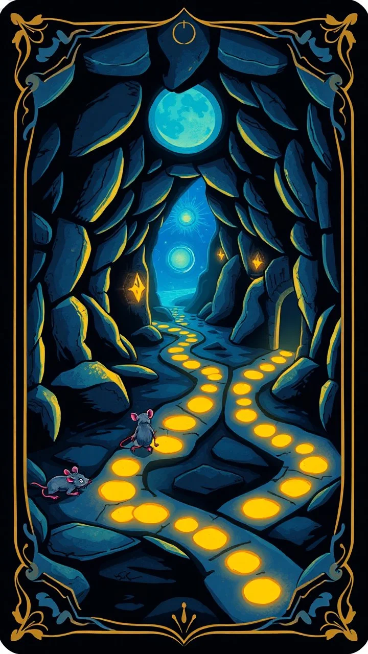 blue and black "Card back featuring a mystical dungeon design with glowing trails, tiny cartoon rats exploring paths, whimsical fantasy vibe, glowing runes, vibrant and colorful, symmetrical layout, polished illustration style."