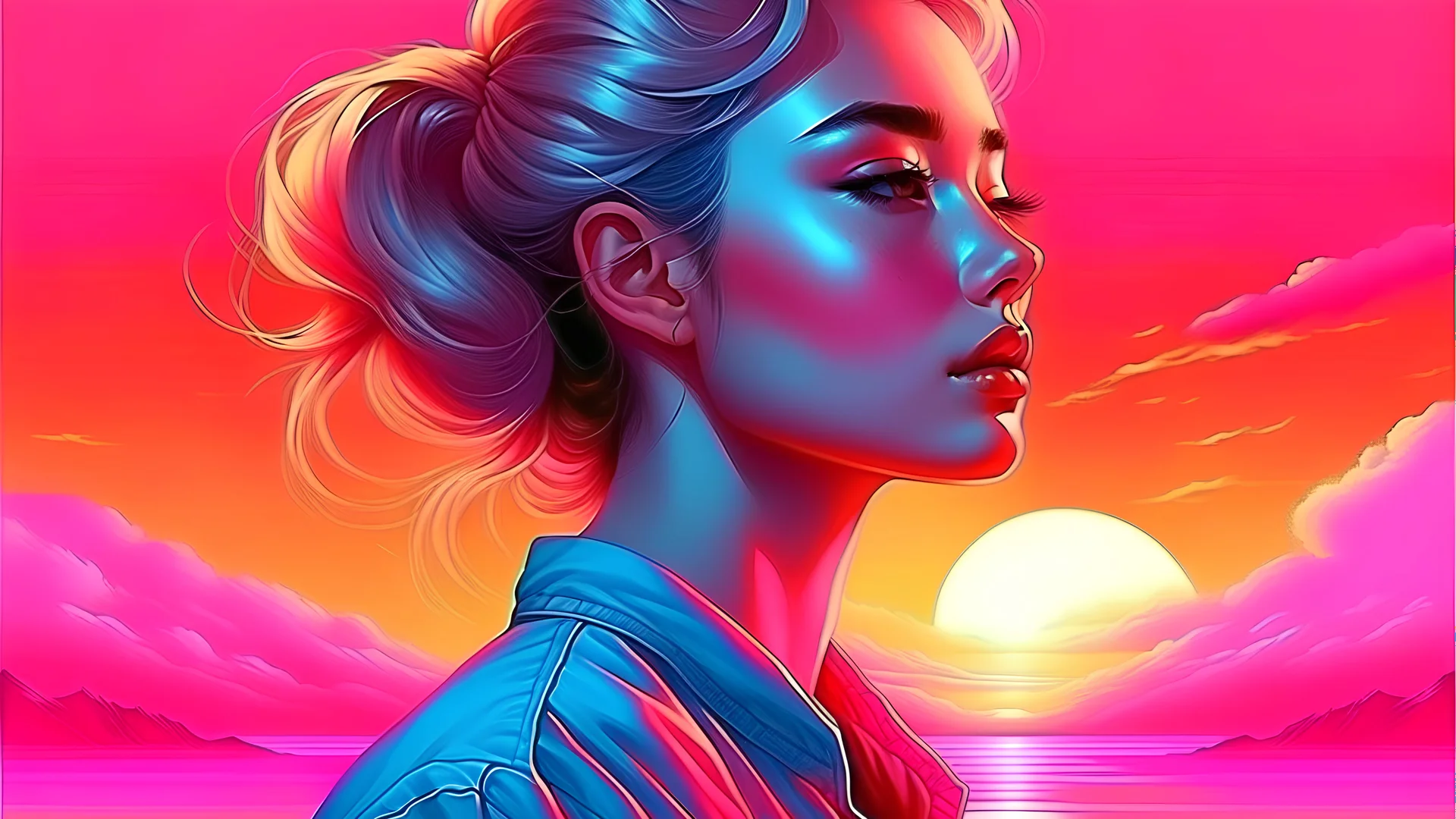 HYPER REALISTIC VAPORWAVE POSTER WOMAN SUNSET