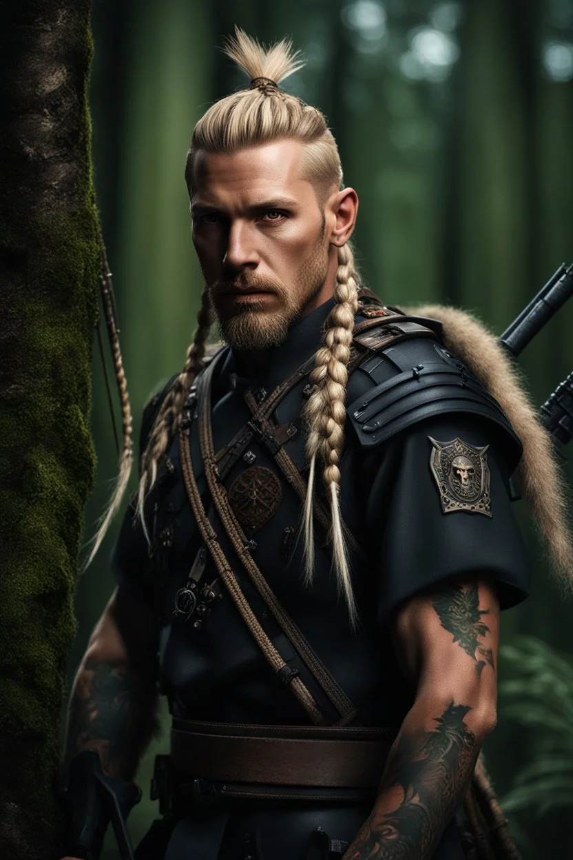 photorealistic hyperdetailed portait of 30-year-old german male, as mercenary with long blonde and undercut hair with braids, tribal tattoos and goatee beard wearing modern mercenary uniform dark fantasy forest backdrop