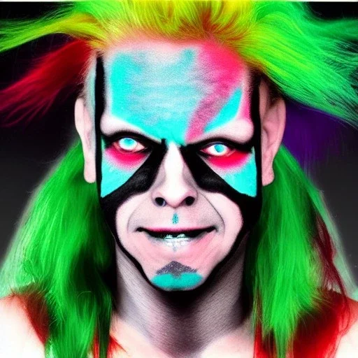 Keith Flint symmetric geometric portrait, 3d anime , green hair, black metal facepaint, red eyes