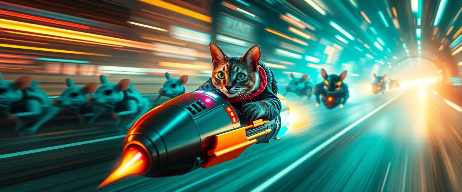 rocket ship cat captain in high speed pursuit among neon rat cyber soldiers, with background motion blur