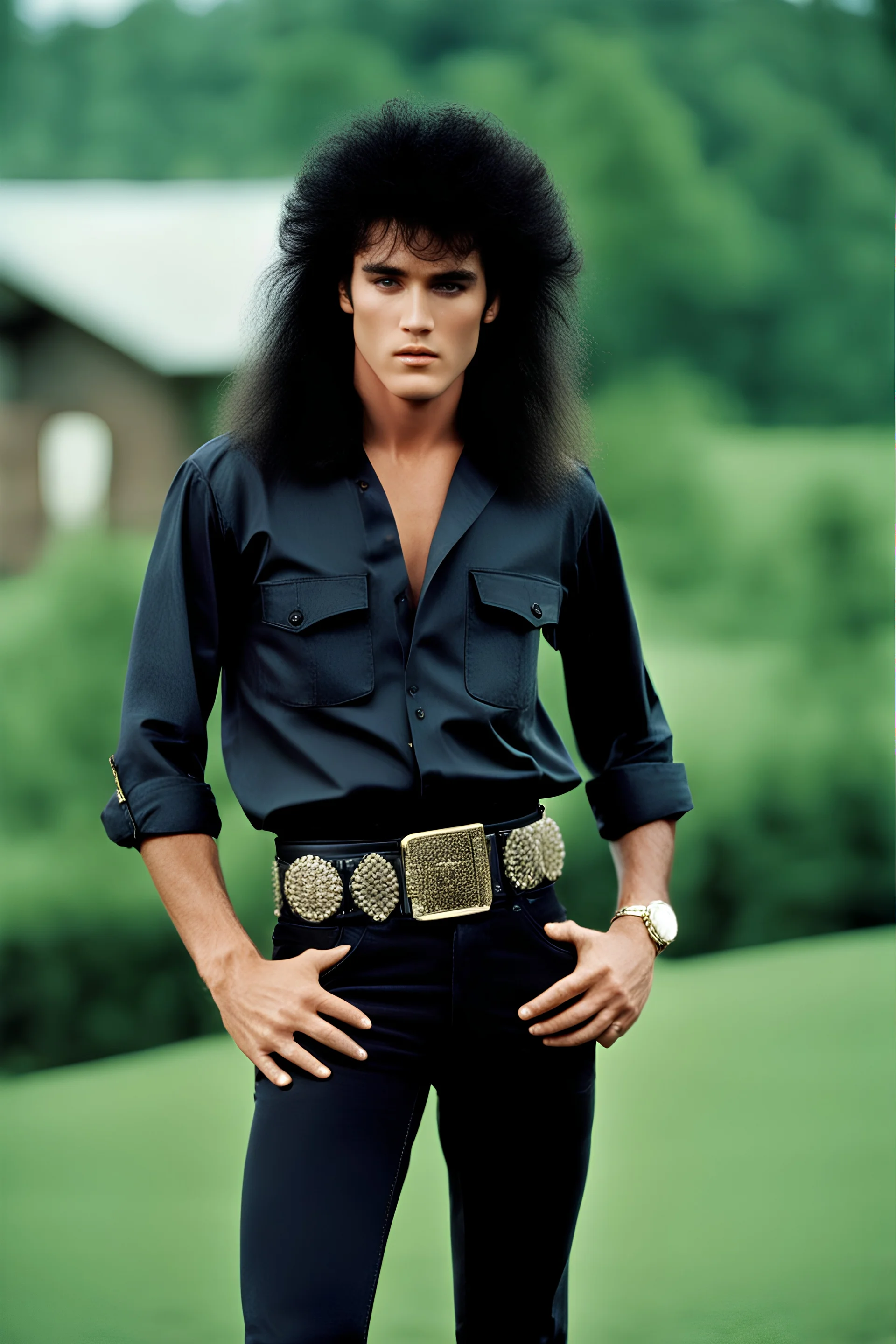 20-year-old Elvis Presley with long, spikey, black teased up, 1980's style big hair with an extreme tall and muscular stature