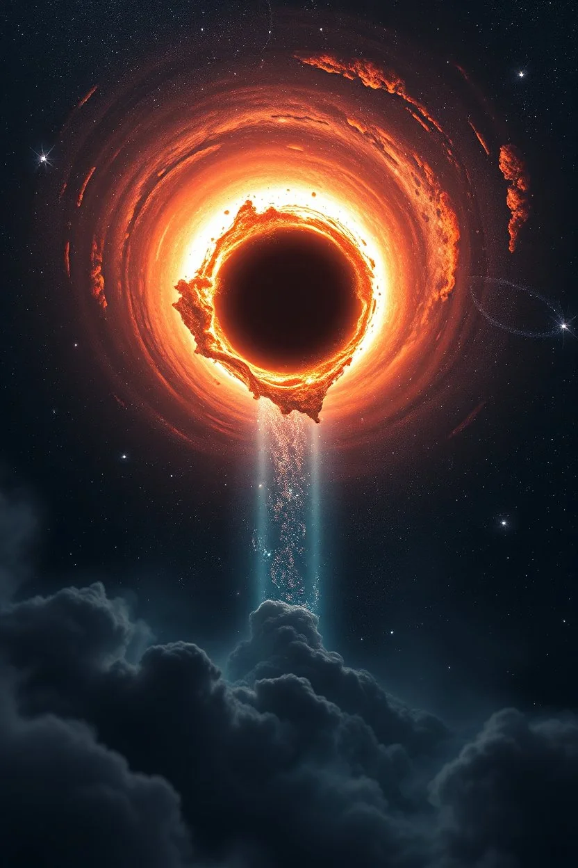 A huge cigar shape interstellar coming out an Intense worm Hole explosion in deep space. Wormhole apocalypse wipes out Universe. Worm-hole collision explodes in outer space. Epic galaxy with growing black hole. Cinematic interstellar