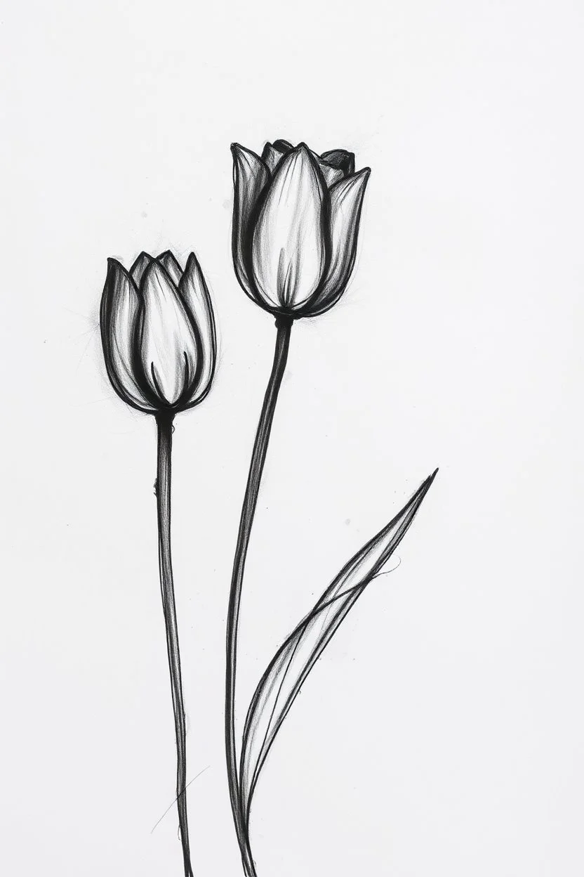 Minimalist rough abstract Charcoal drawing of 3 tulips on a textured gesso background. Simple lines