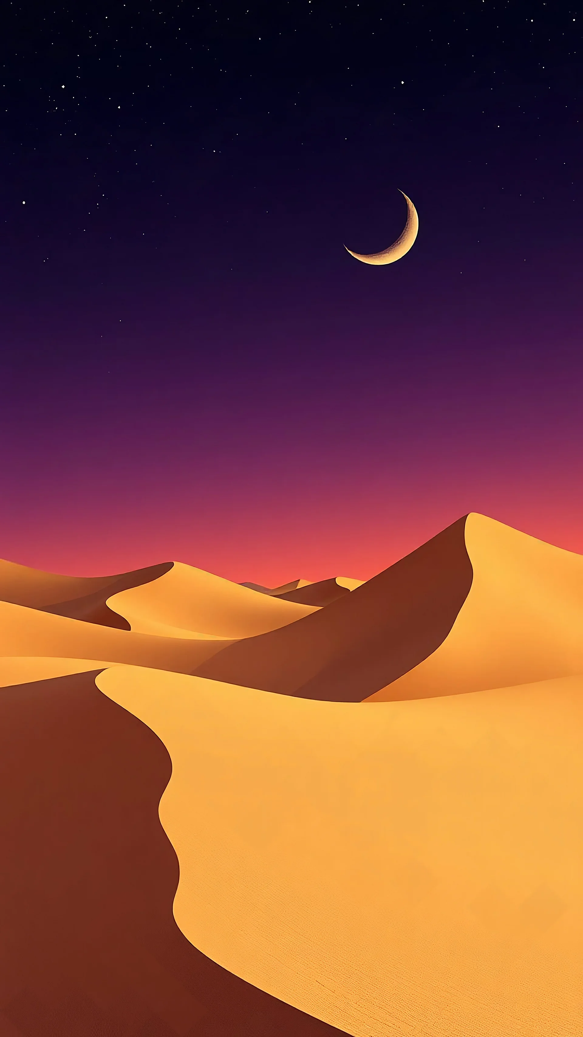 Mysteries of the Desert Mobile Wallpaper. Sand dunes, hyper realistic, 3D illustration, sunset orange, twilight purple, stillness, waxing crescent, stars peeking, oasis mirage, solitude, dusk's warmth, sandy texture, depth, desert fortress, arid elegance, layered paper, artful, serene night, minimalism, eastern