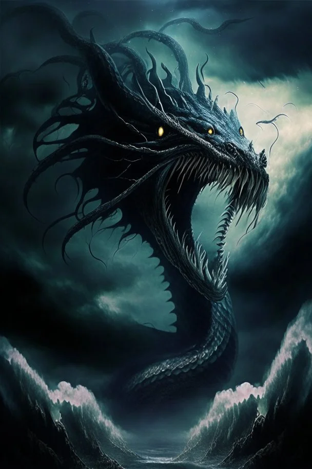 leviathan demon huge long abyssal dark seprent monster beast sky snake