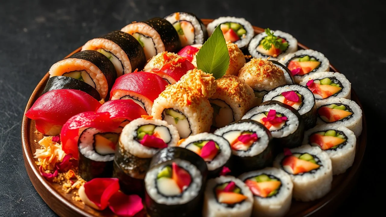 A sushi platter featuring rolls made with unconventional ingredients like vibrant dragon fruit, gold leaf, and edible flower petals. Each piece is meticulously arranged to form a stunning mosaic pattern. Award-winning photograph, beautiful composition, exquisite detail and illumination