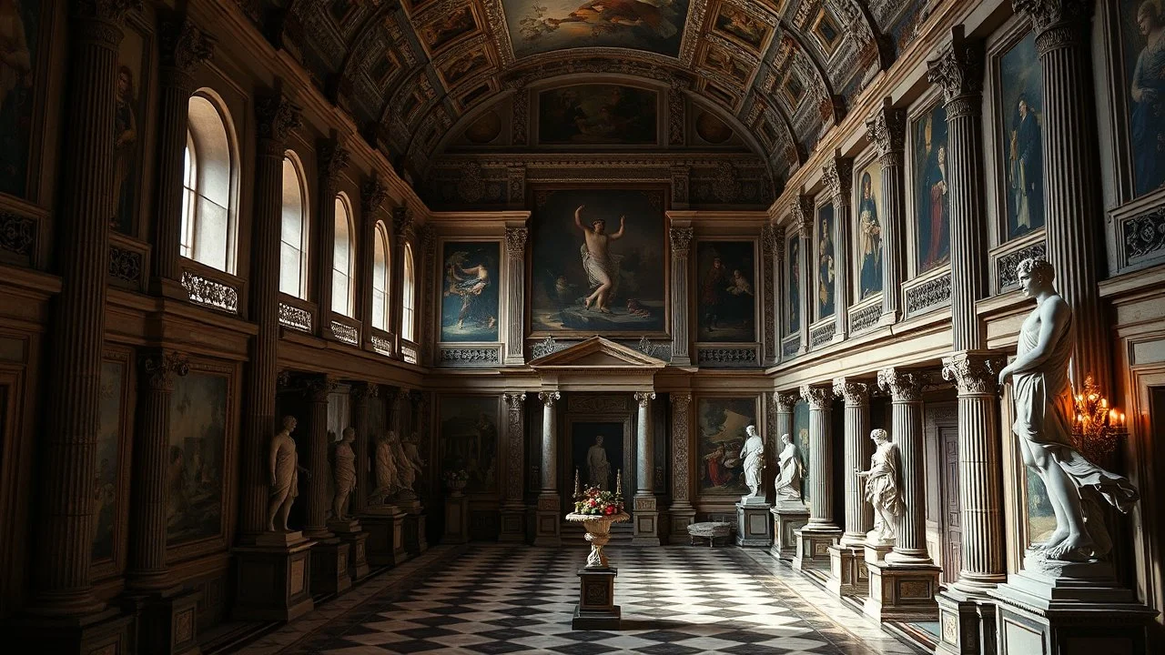 inside a palace in ancient Rome showing rooms, halls, courtyards, luxury, magnificent, marble statues, coloured pictorial tapestries, painting, dream world, calm beauty, fantasy world, magic, splendor, uplifting, inspiring, therapeutic, chiaroscuro, color, award-winning colour photograph, beautiful composition, exquisite detail, Nikon 35mm