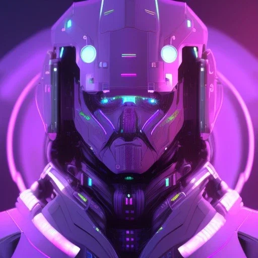 Handsome Robot face, Sci-fi character, purple backlight, pink and purple, scifi suit, profile, purple background