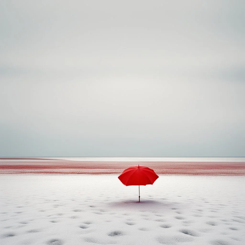 Captivating ultra minimalist photographic illustration, long shot of barren field covered in white snow, in far distance there is a single red beach umbrella in ground, evokes strong feelings of desolation and isolation