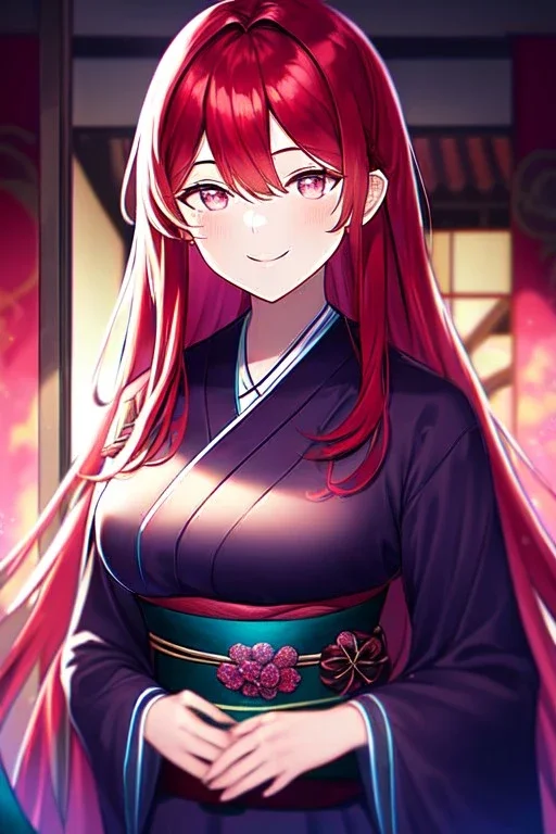 girl, masterpiece, best quality, cinematic lighting, detailed outfit, vibrant colors, perfect eyes, long hair, red hair, pink eyes, obi, smile, indoors,