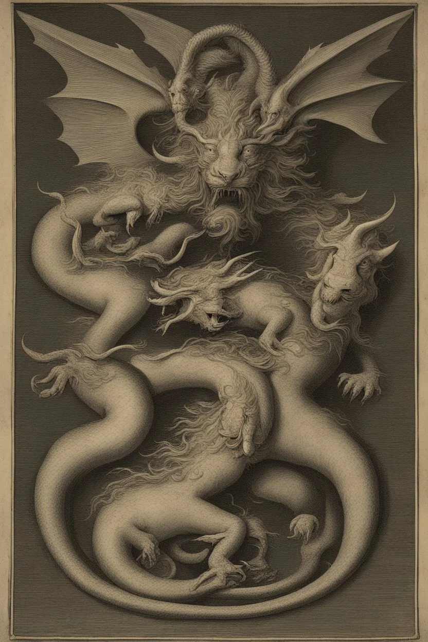 A three-headed dragon. The head on the left is the head of a lion, the head in the middle is the head of a man, and the head on the right is the head of a bull