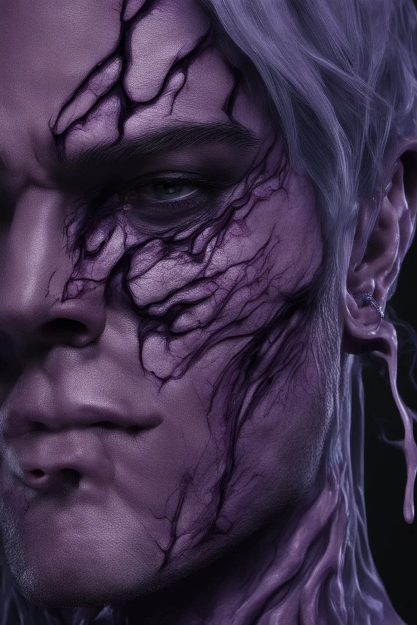 Your poison is running through my veins, close up of purple veins standing out on an Attractive man's face after he got the kiss of death, hyper realistic, anime,gothic, 8k