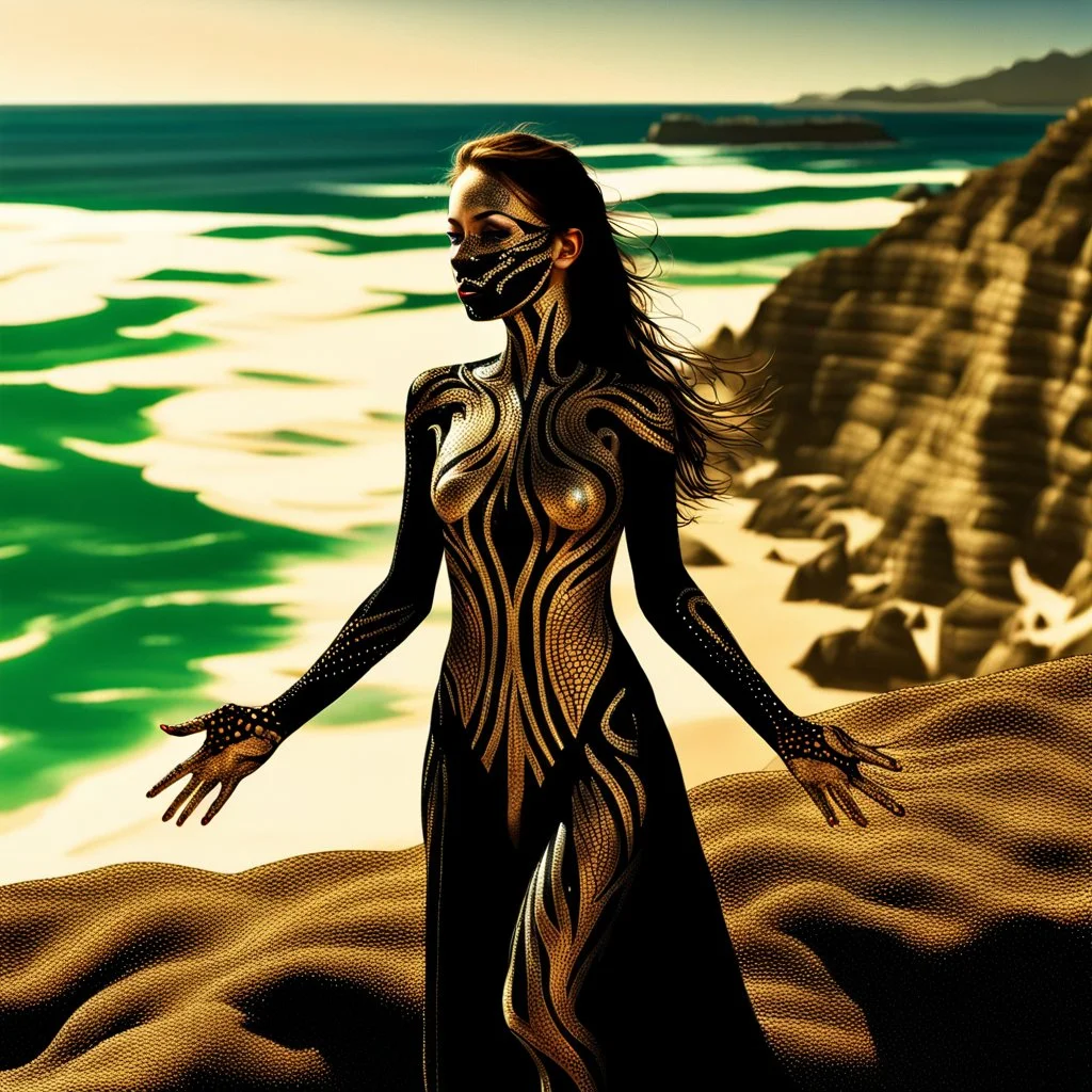 Create an image of a woman with a hyper-realistic style standing on a cliff in front of a spectacular view of the ocean and reaching her arms out to the sides, showing an elaborate body paint design. The skin should be painted in sections of black, silver, gold and green, with patterns imitating flowing lines and dots. The face features an asymmetrical mask-like effect, with one eye highlighted in gold and the other in green, complementing a matching silhouette. The lips are a vibrant red color,