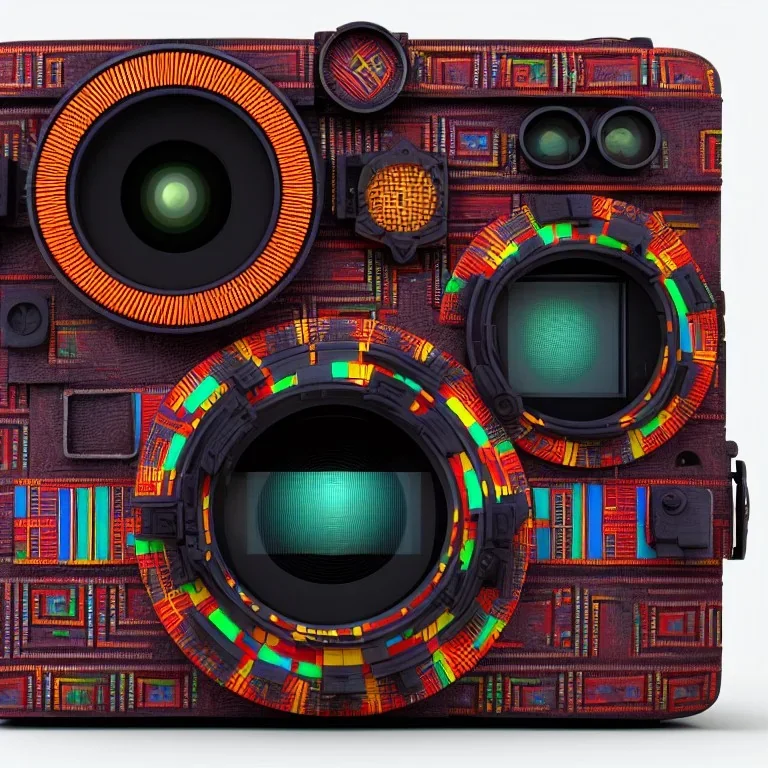 futuristic pinhole camera in Kente, rusted clocks lens, cinematic, scaffolding, african pattern symbols, engraved, cinema 4d, 3d render, corona renderer, 8k quality