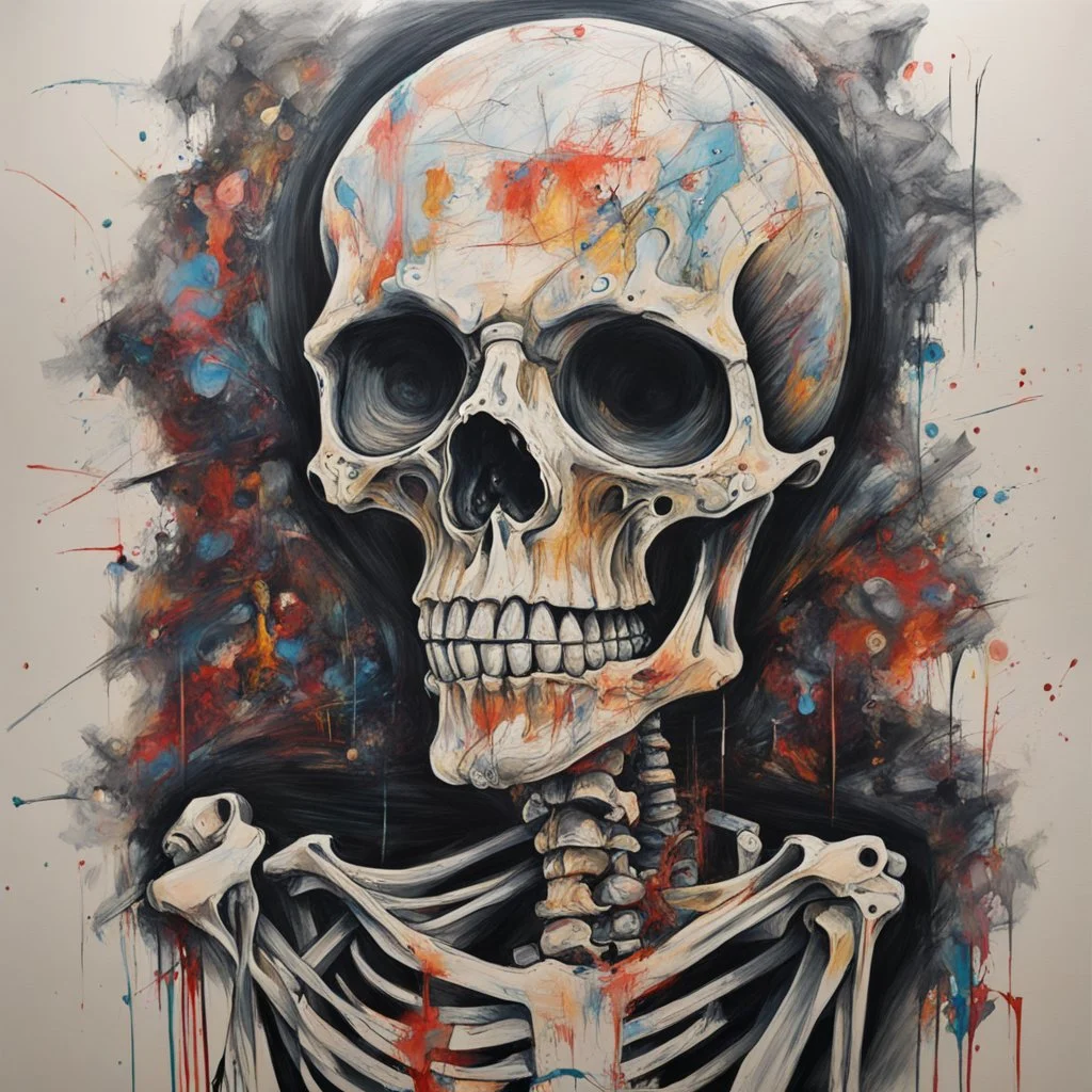 neo expressionism skeleton, acrylic paint mixed with pen and pencil scratch, Highly Detailed