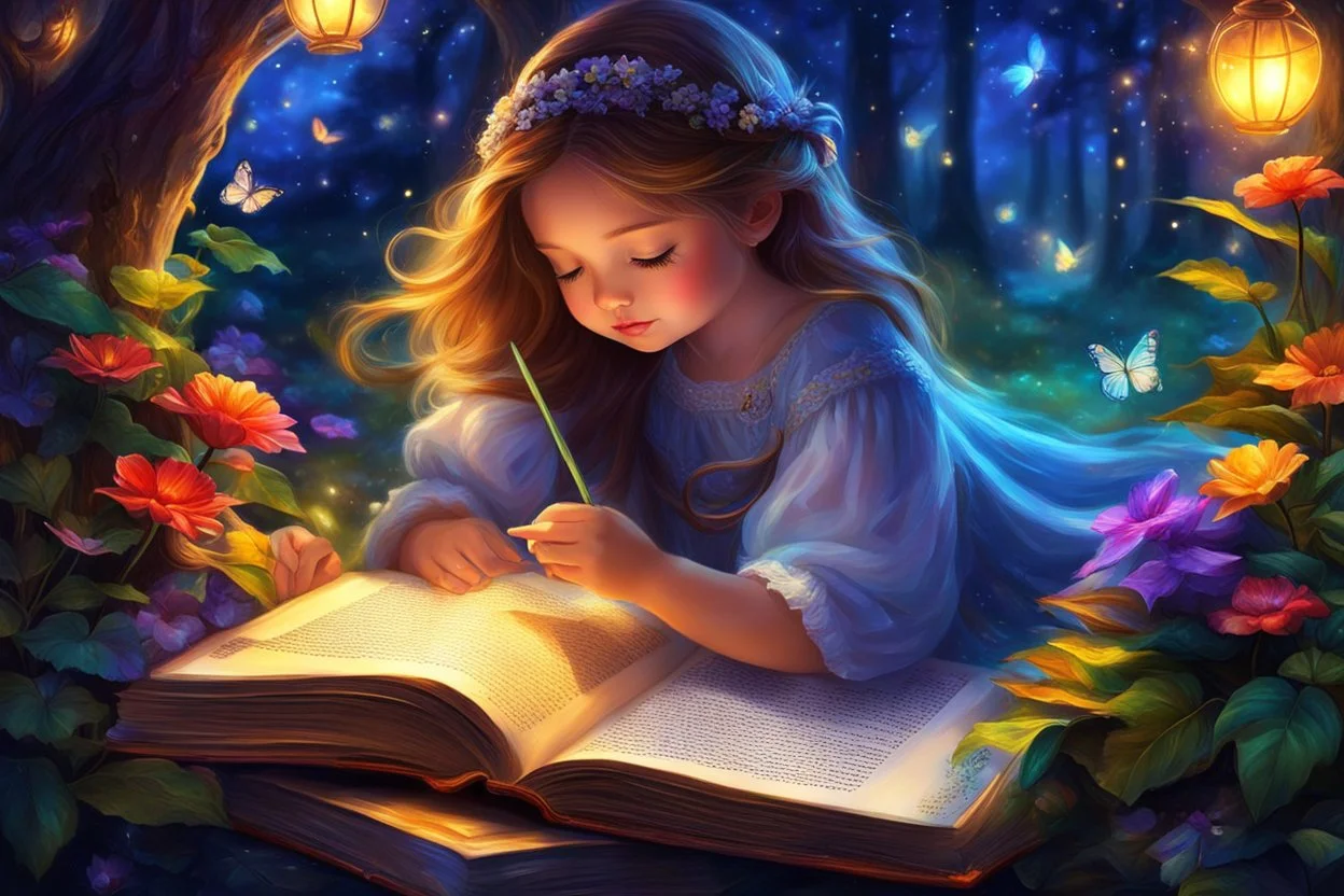 Masterpiece, best quality, adorable digital painting style, beautiful fantasy art, colorful. In a magical world full of colorful delight, a beautiful girl finds comfort at night by immersing herself in the pages of a cherished book. As she studies and contemplates, she banishes all fear. With every word she reads, magic springs to life, and in the world of books, her dreams flourish. It's a marvelous escapade to a vibrant world, and in her hands, the book offers endless flight.