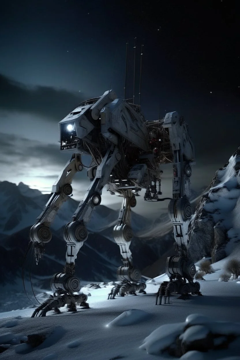 eight legged mechanical walker mech scaling the side of mout everest at night, it has a smooth surface, it has storage pods on its belly human can fit in the pods, it is covered with camera arrays