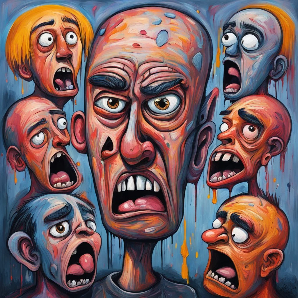 3 cartoon character with diferrent sad angry crying emotions, broken mind ,neo expressionism, acrylic painting, ultra detailed, grotesque, bizarre, strange, bye basquet