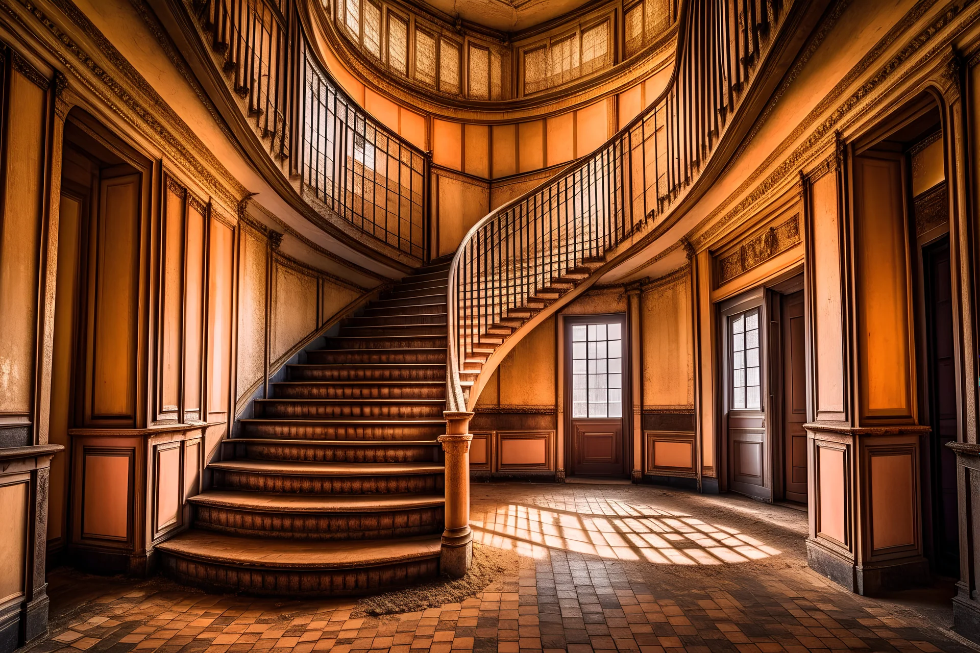 hal in een vervallen oud gebouw met ronde trap met subtiele lichtinval , veel contrast en hdr uitstraling in bruintinten