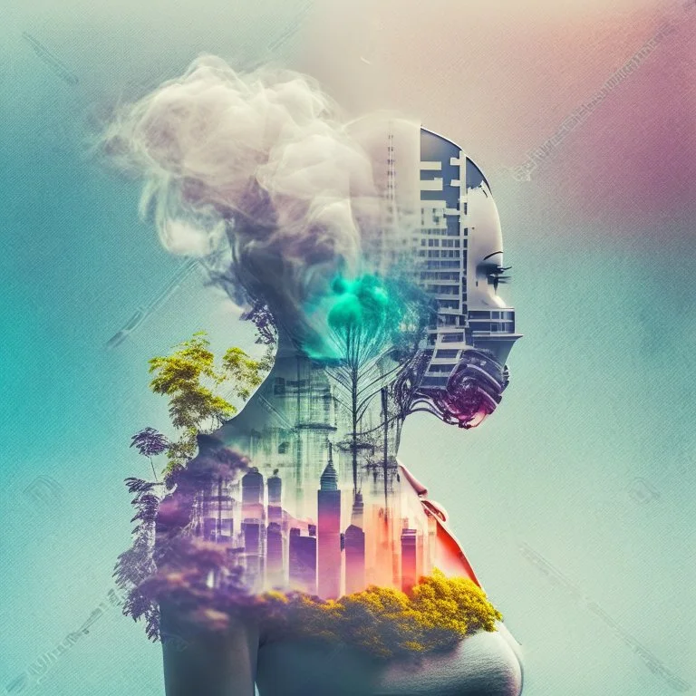 smoke, smog, city scape with pollution, double exposure photography, colourful nature, clean sharp focus, on white background