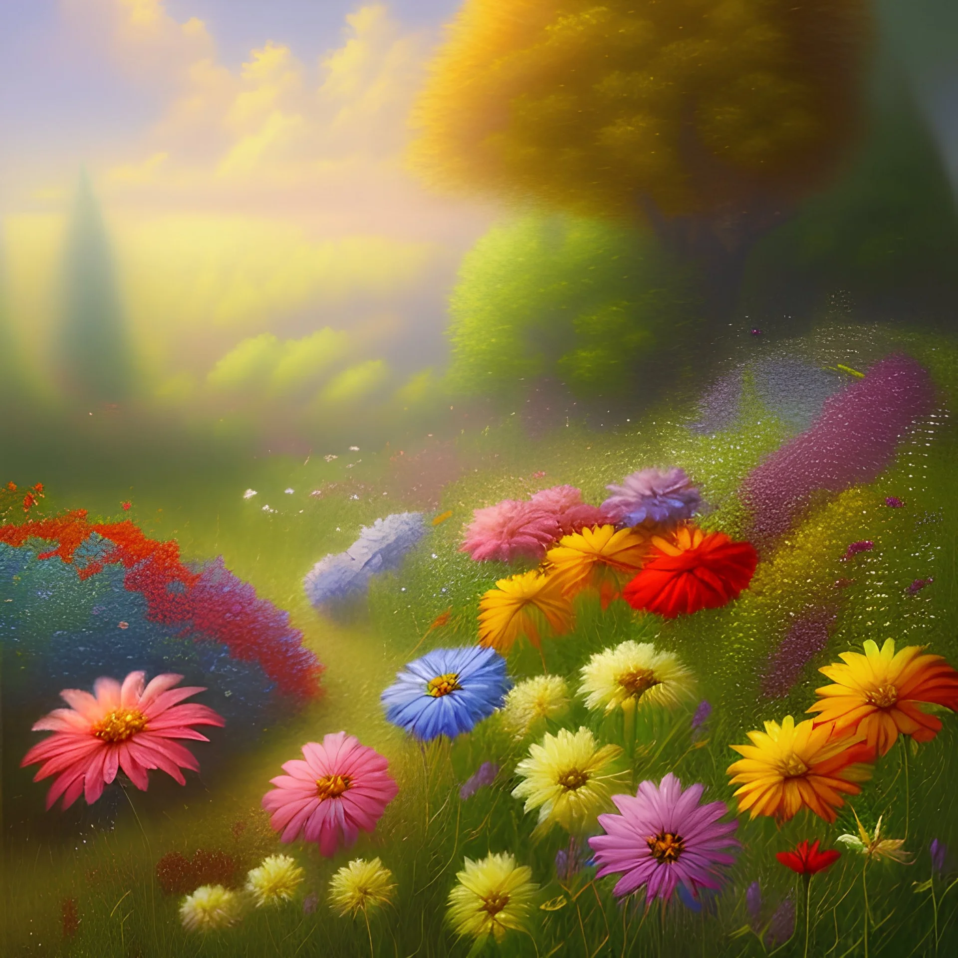 a painting of flowers in a field, highly detailed