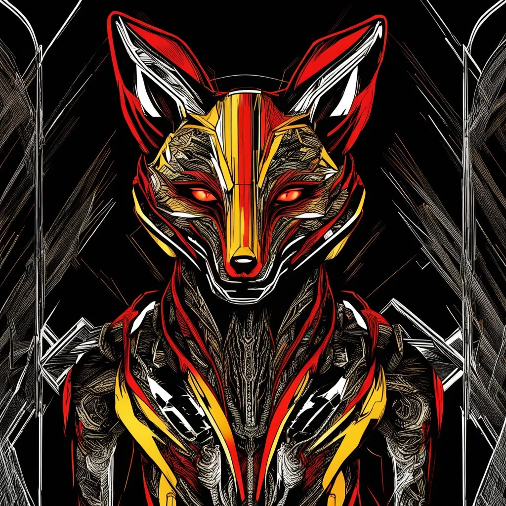 Fox humanoide arte lineal, calidad ultra 12k, colores negro, rojo y amarillo, fondo negro