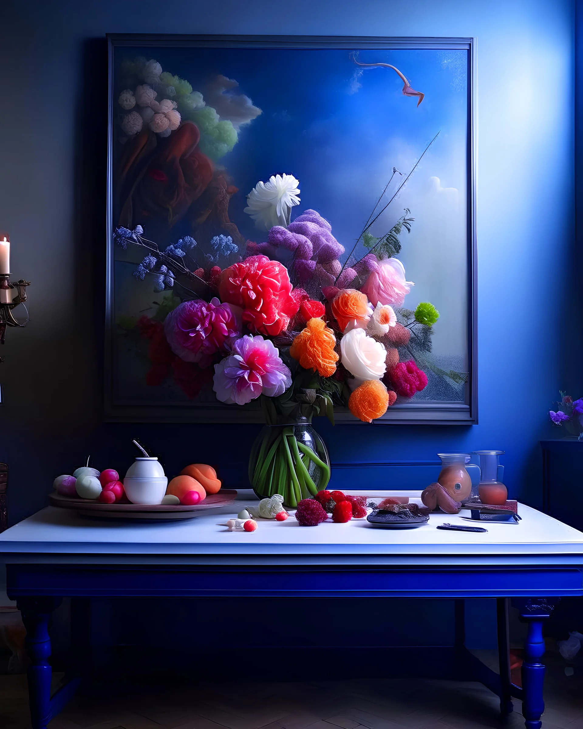 Inspired by CARLIJN JACOBS. Capture an image of a scene inside contemporary urban art gallery at 11 a.m. using a Leica Hermes Edition M7 camera. Focus on an intricate floral bouquet, and incorporate sophisticated composition, gestalt principles, and silver ratio proportions. Use volumetric lightning, cherenkov radiation and crocoite color palettes. The image should be product-focused, hyper-detailed, hyper-realistic, eye-catching.