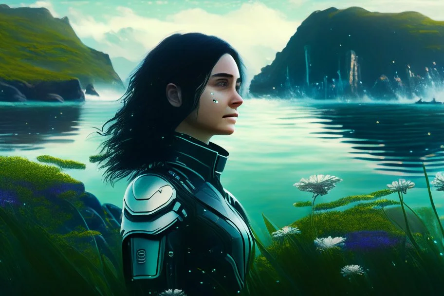 young woman in an android suit with dark hair, standing on the shore of an alien sea. Floating forests with dandelion tops in the distance